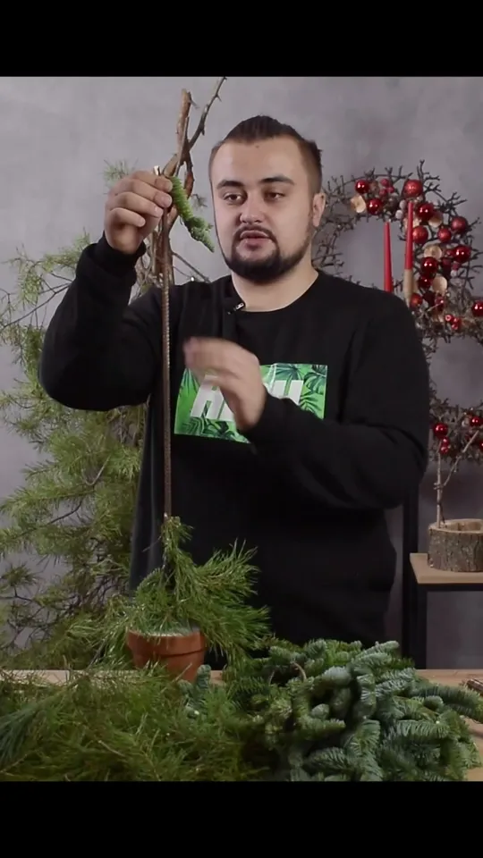 Lower branches bound to the rod while the next greenery is positioned