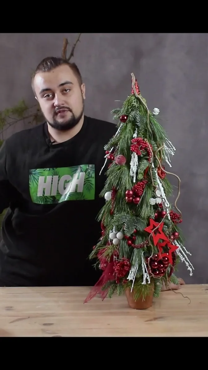 A finished potted greenery tree with red baubles, white branches and stars