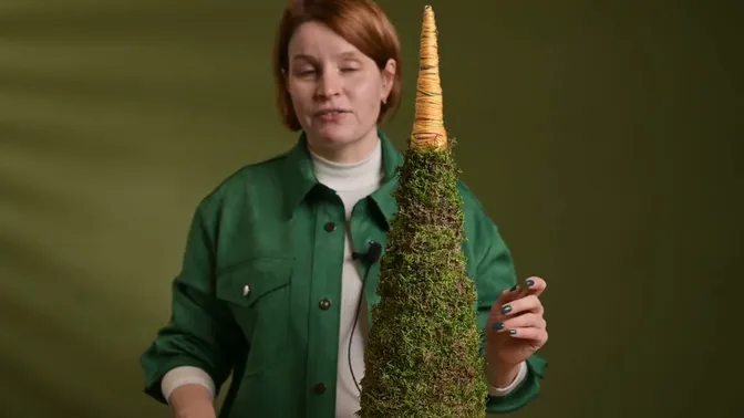 The cone completely covered in moss below its narrow yellow point