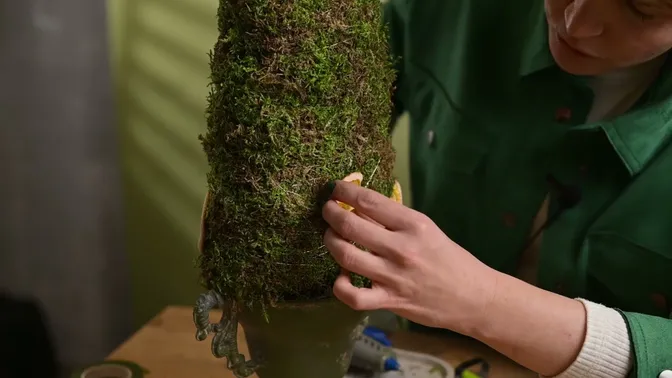 A dried citrus slice being attached near the lower edge of the moss tree