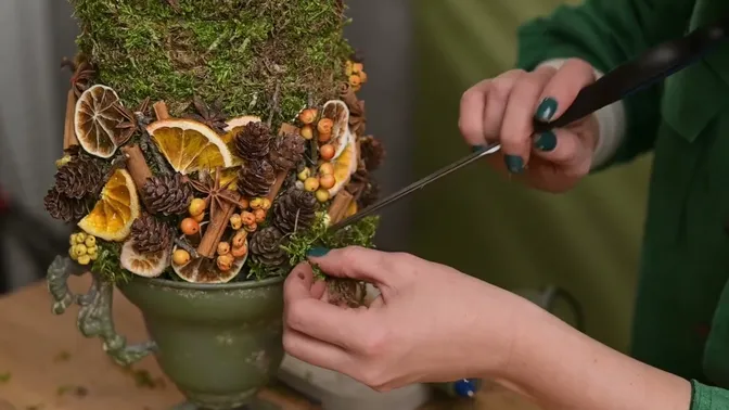 The lower band of dried citrus, cinnamon, cones and berries on the moss tree