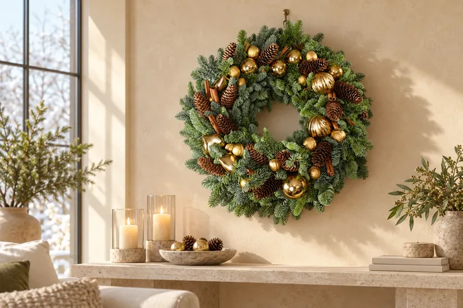 An evergreen wreath with pinecones, cinnamon and gold ornaments