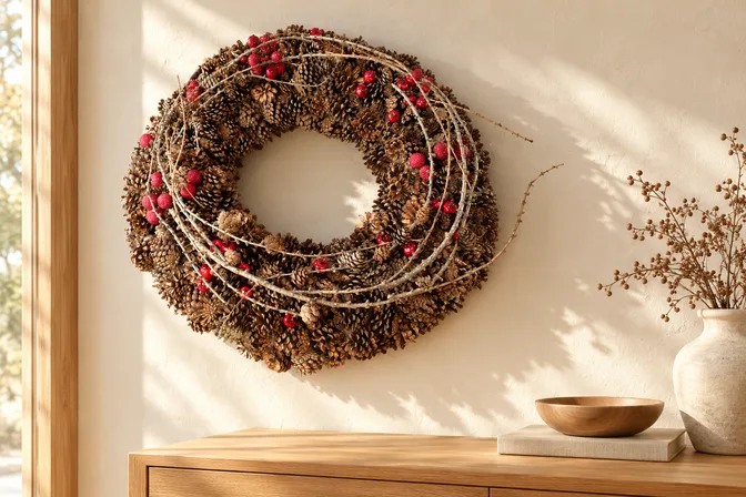 A pinecone wreath with berries and fine branches
