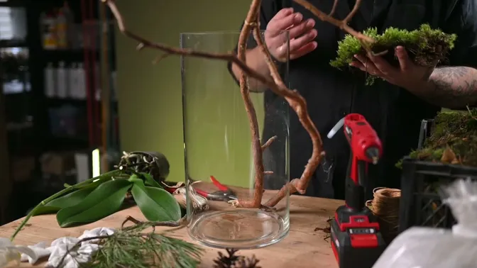 A broad piece of green moss held beside the empty vase and assembled branches.