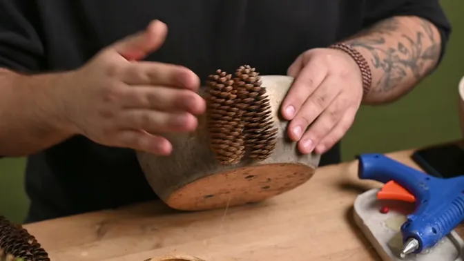 Upright spruce-cone halves attached close together on the curved outside wall of a bowl.