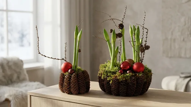 Two cone-covered amaryllis planters with closed green buds on a light wood console.
