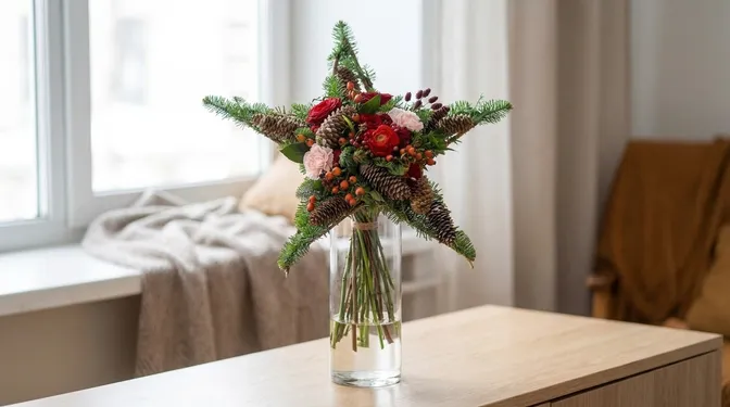 A five-pointed fir and cone bouquet with red flowers, pink carnations and orange rose hips, standing in a clear glass vase.