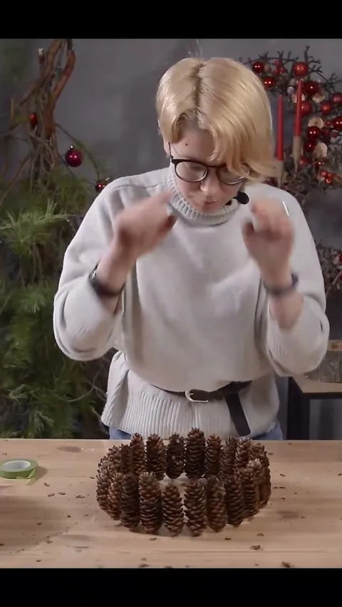 A closed ring of upright spruce cones standing on a wooden table.