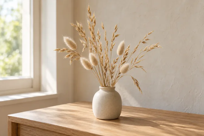 dried grasses and bunny tails in a small ceramic pot.