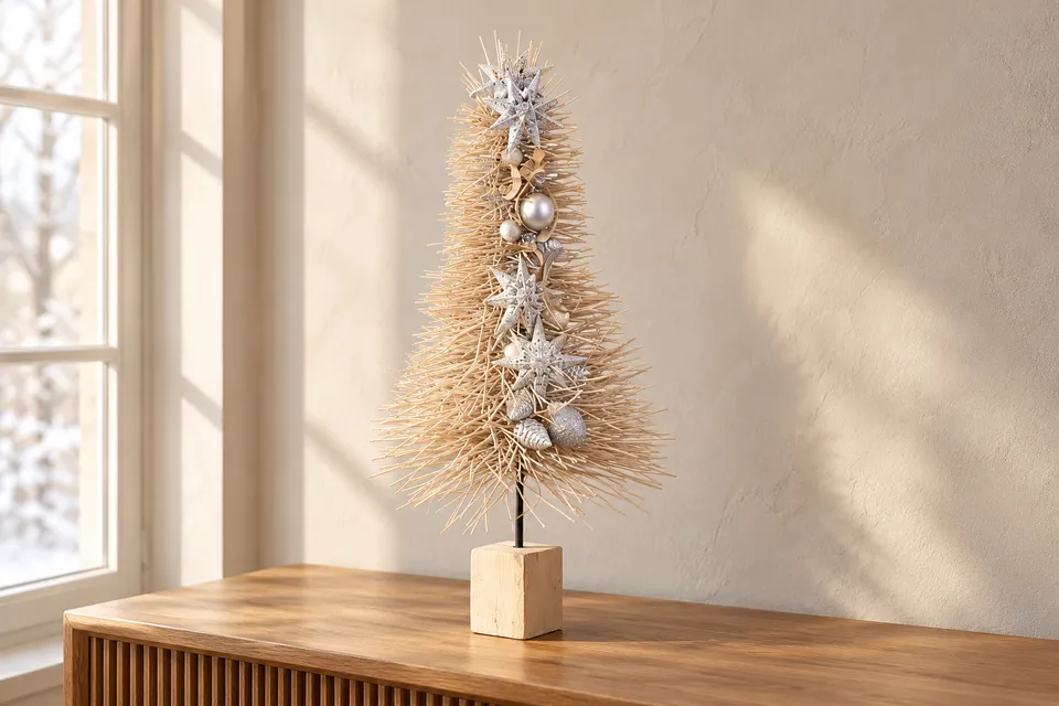 Rattan sticks threaded into a three-dimensional wire tree