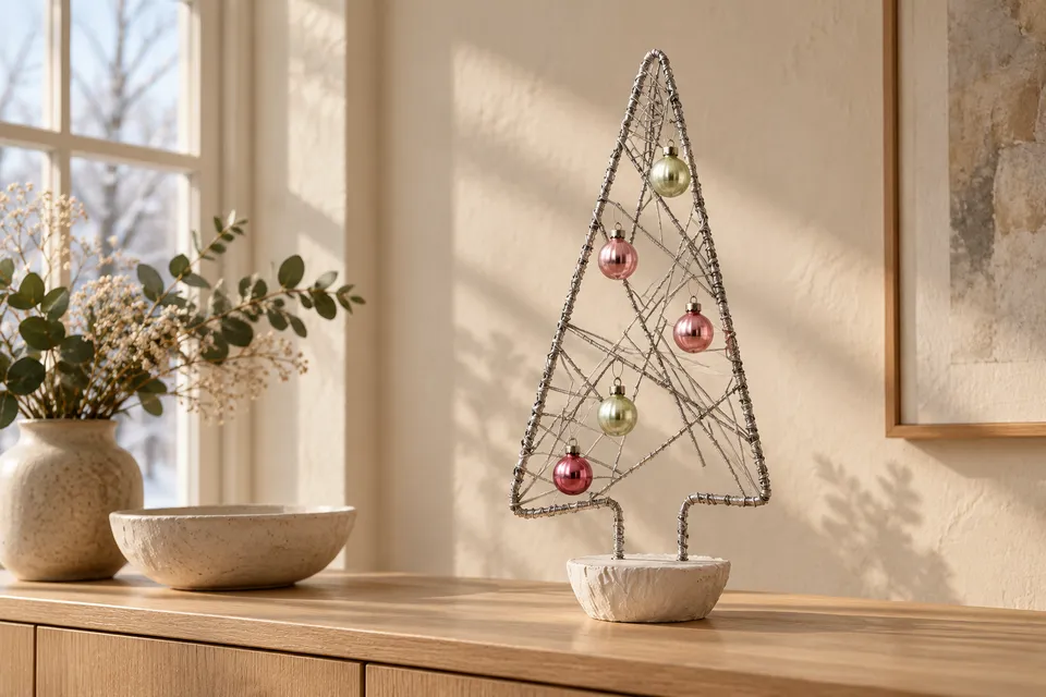 Open wire Christmas tree outline on a plaster base