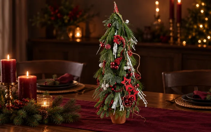 Pine and fir tree in a terracotta pot with red-and-white ornaments