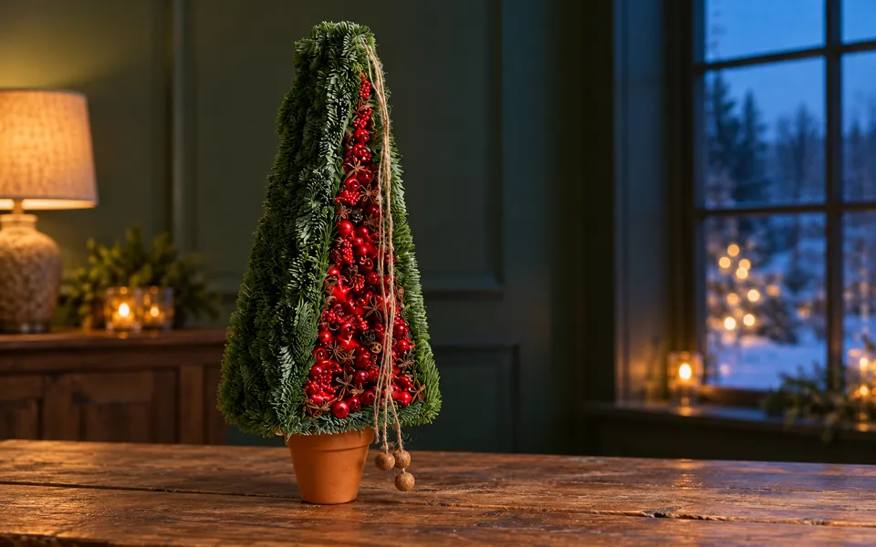 Triangular noble fir tree with ornaments inside a raised frame
