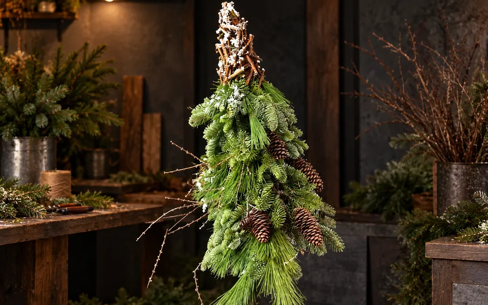 Tall greenery tree with twig garlands around its tip