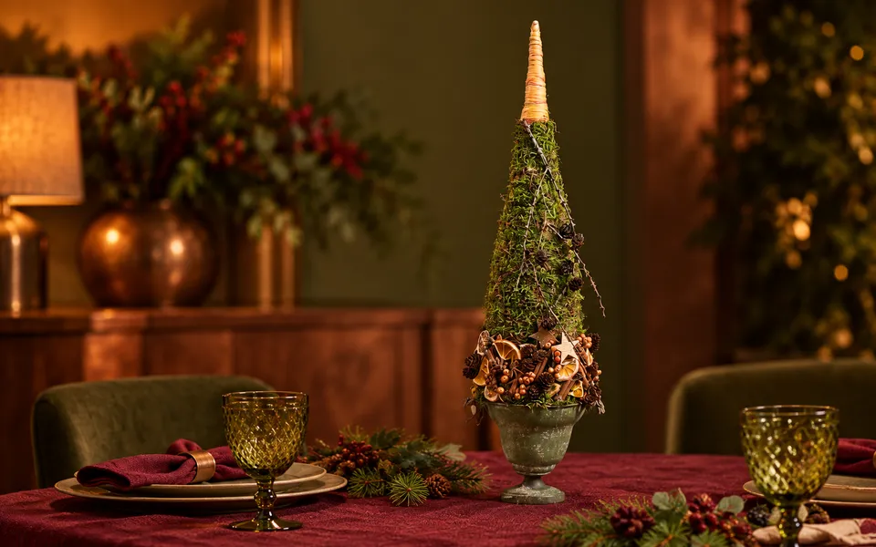 Moss Christmas tree with dried citrus and an extended tip