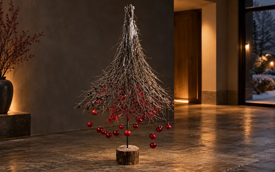 Large larch branch tree with hanging red ornaments