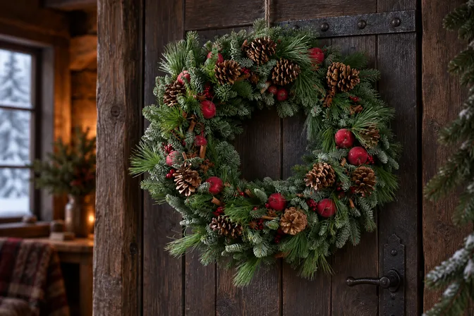 An evergreen wreath with pinecones, red apples and cinnamon