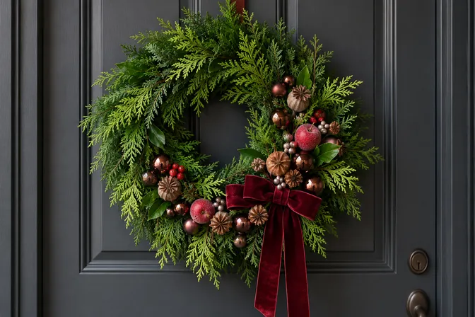 An evergreen wreath with a velvet bow and natural decorations