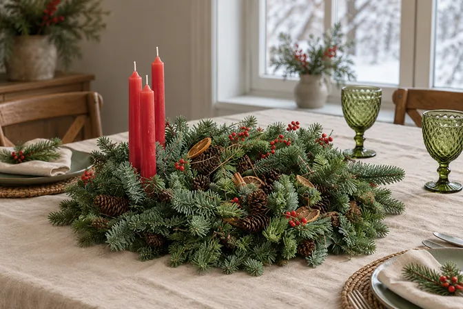 A tabletop evergreen wreath with red candles and dried citrus
