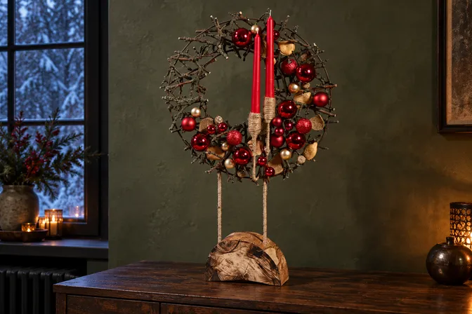 An apple-branch wreath on a wooden stand with two decorative candles