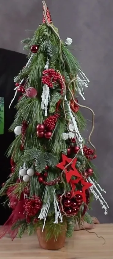 Tabletop evergreen tree in a terracotta pot, with red baubles, stars, white branches and curling twigs.