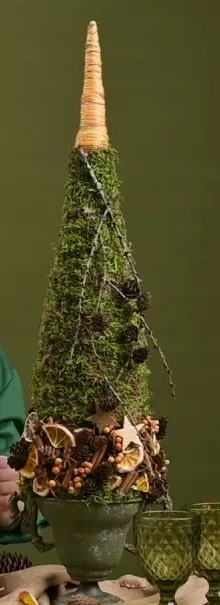 Moss-covered Christmas tree in a pot, decorated with dried orange, cones and spices.
