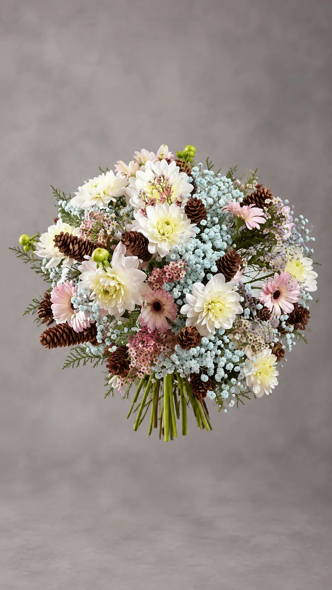 Airy winter bouquet with pinecones.