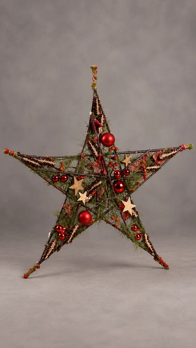 Evergreen star with pinecones and red baubles.