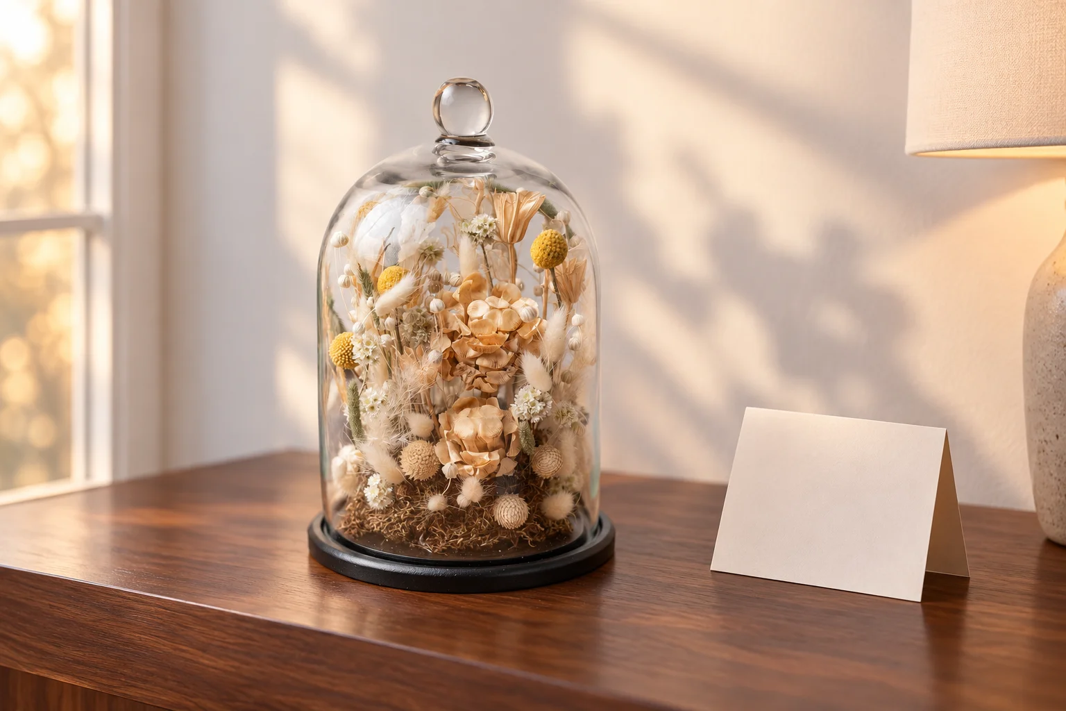 Dried flower project in a styled setting for dried flower gift ideas