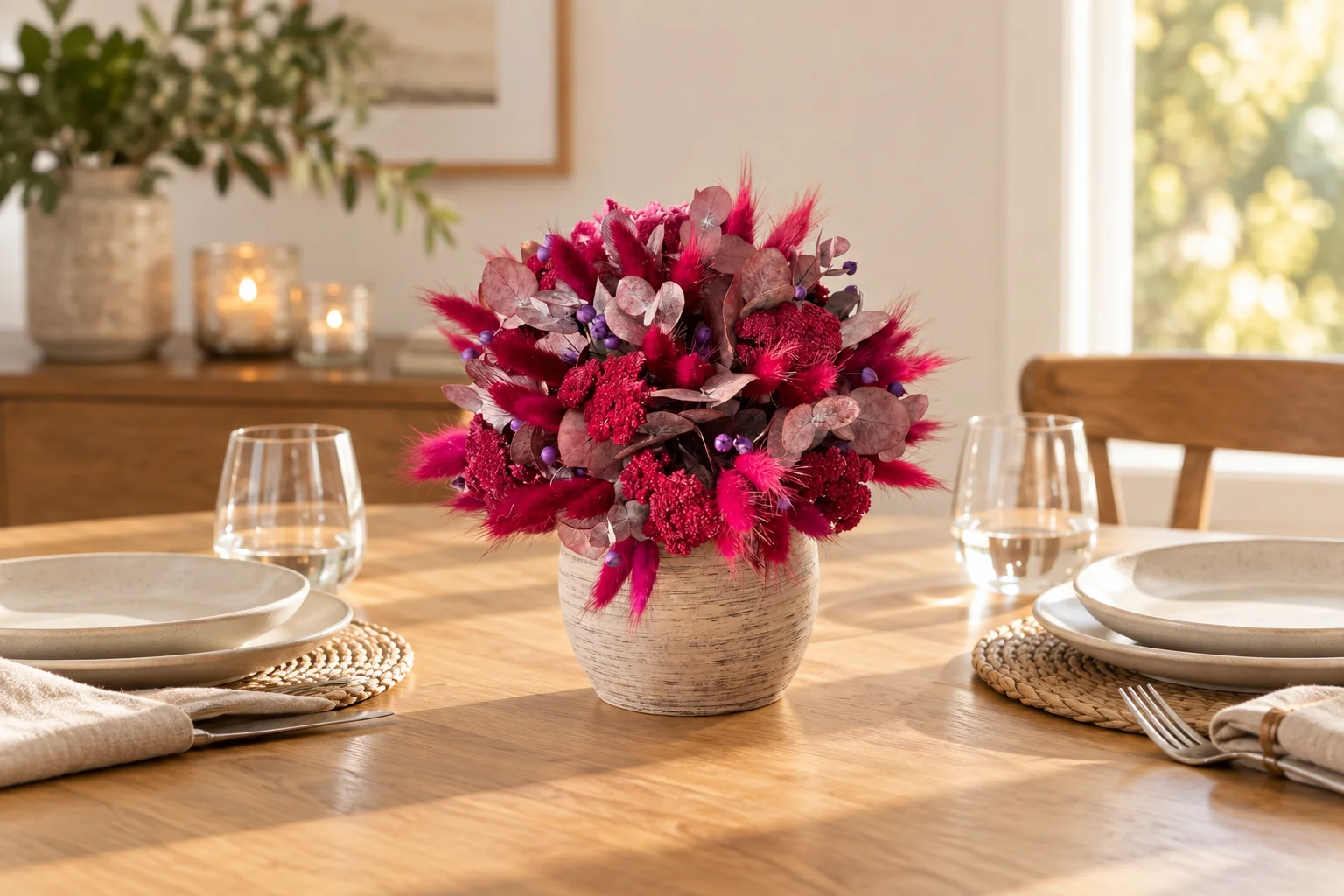 Round burgundy dried flower arrangement in a pale vessel on a table