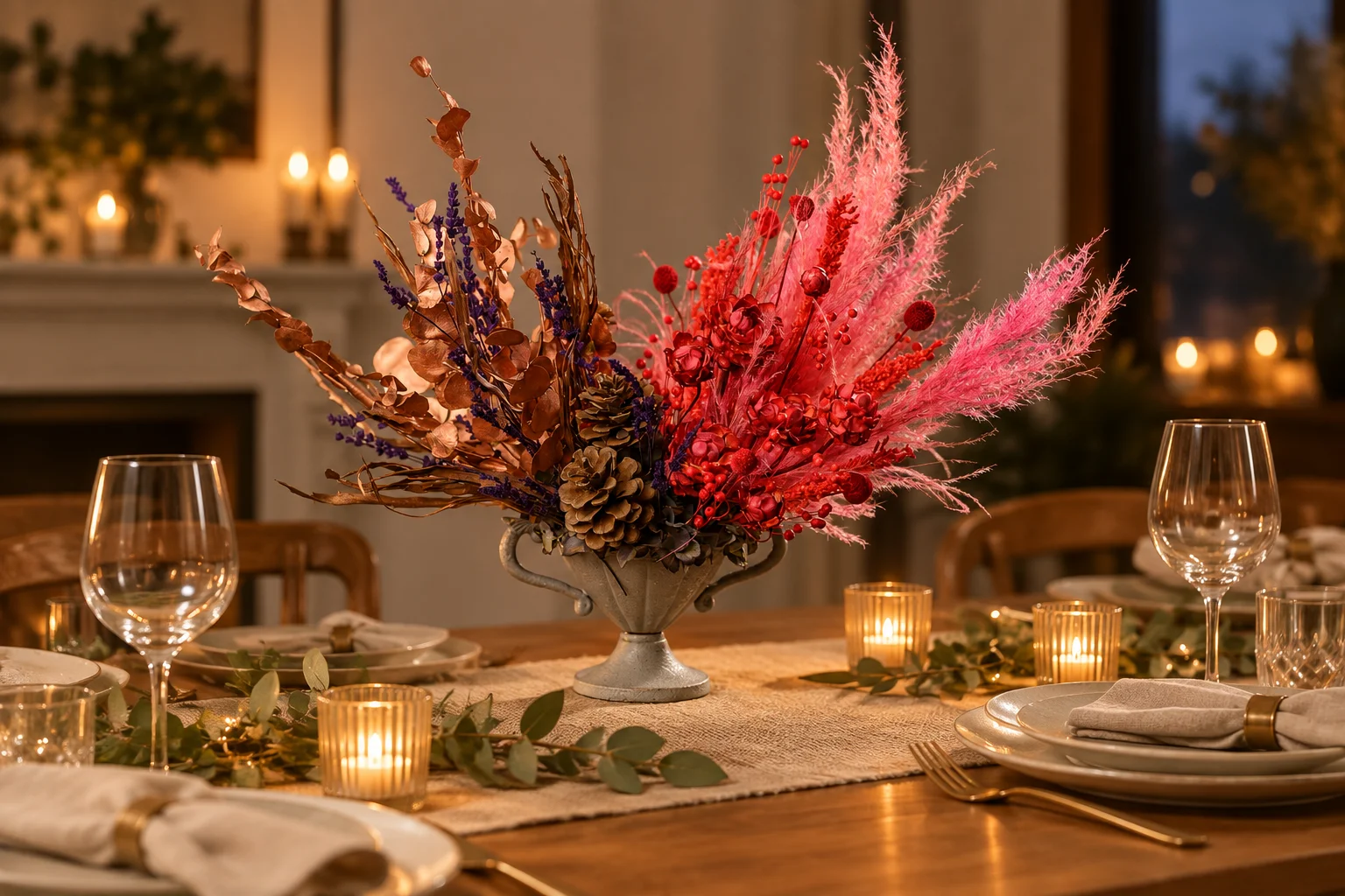 Spreading red and brown dried flower arrangement in a grey handled urn