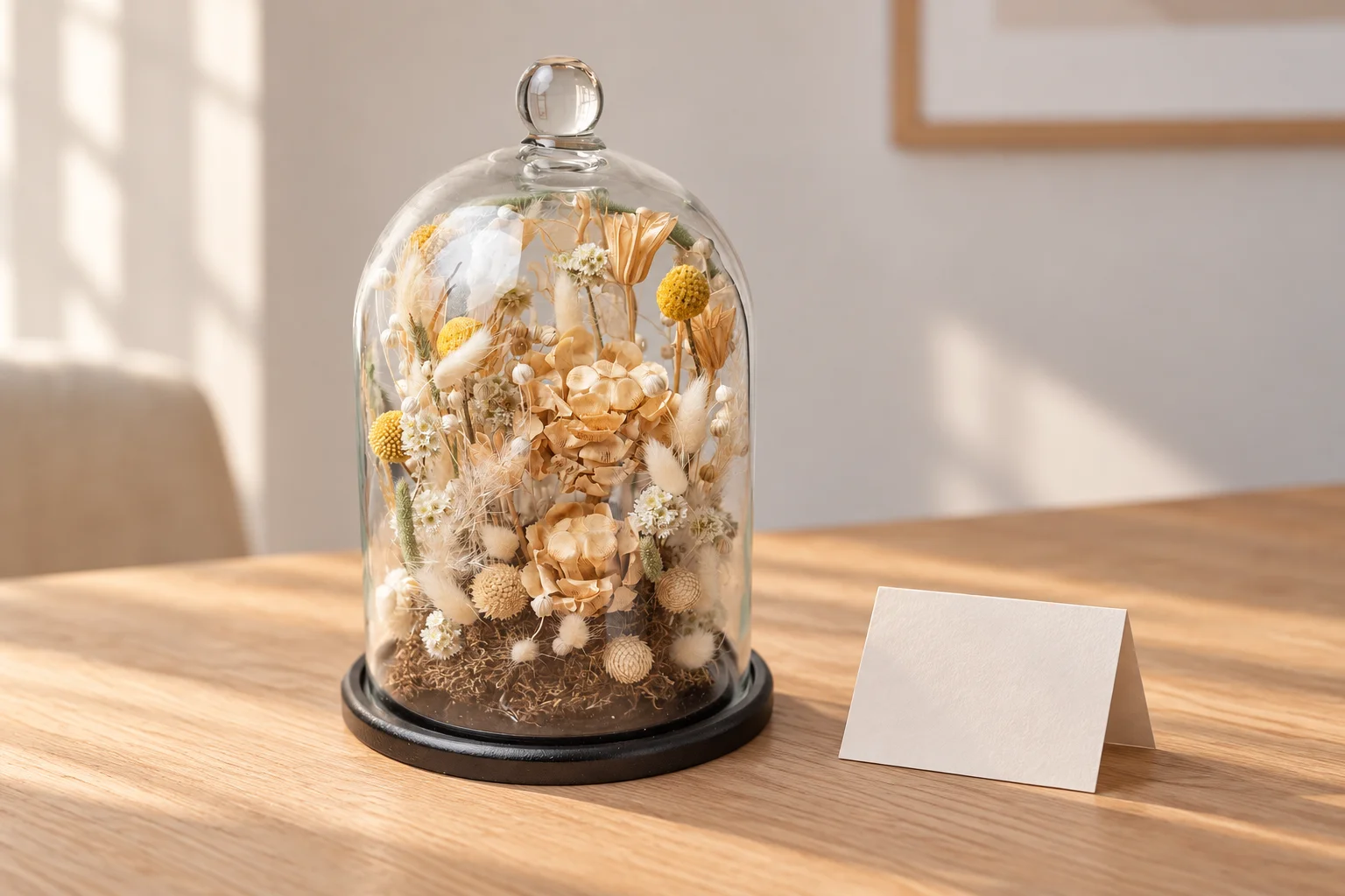 Glass cloche containing cream and yellow dried flowers on a black base