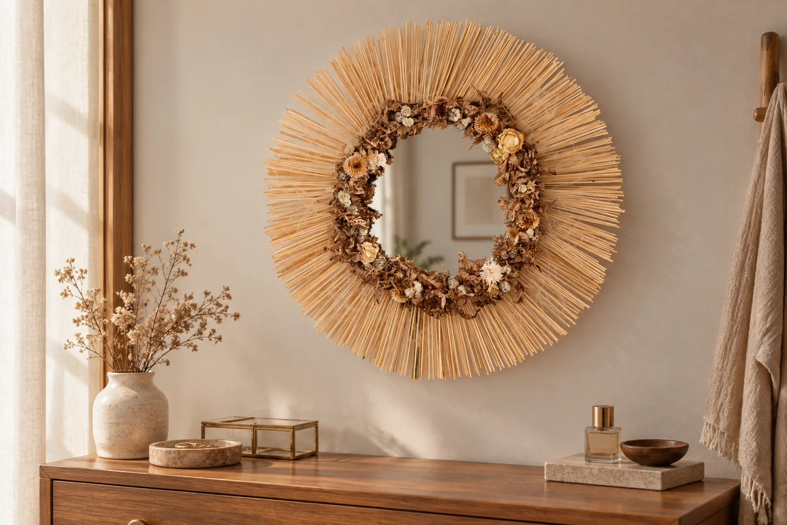 Round mirror with a dried flower border and radiating straw stems