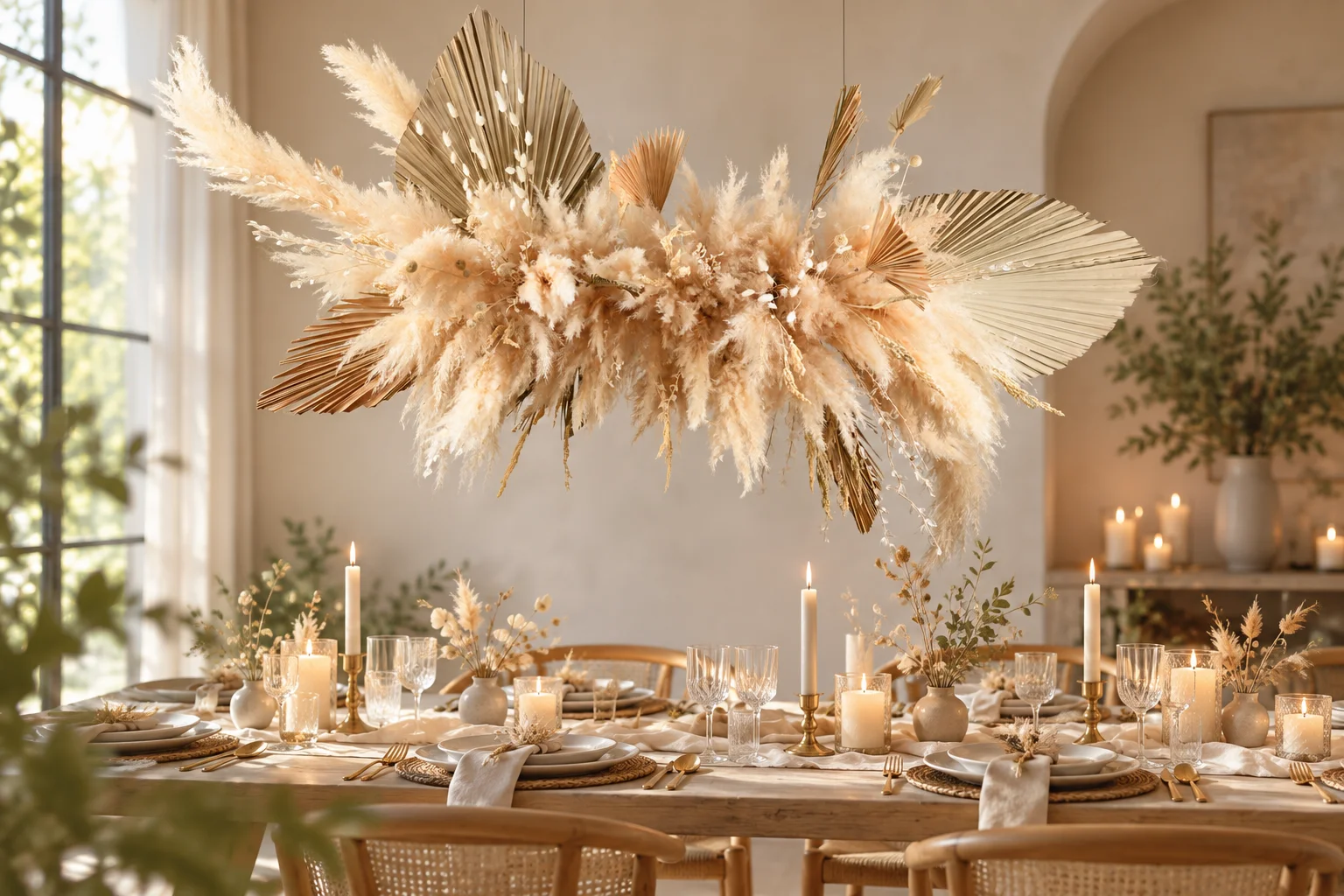 Cream dried flower installation with large palm fans above a table