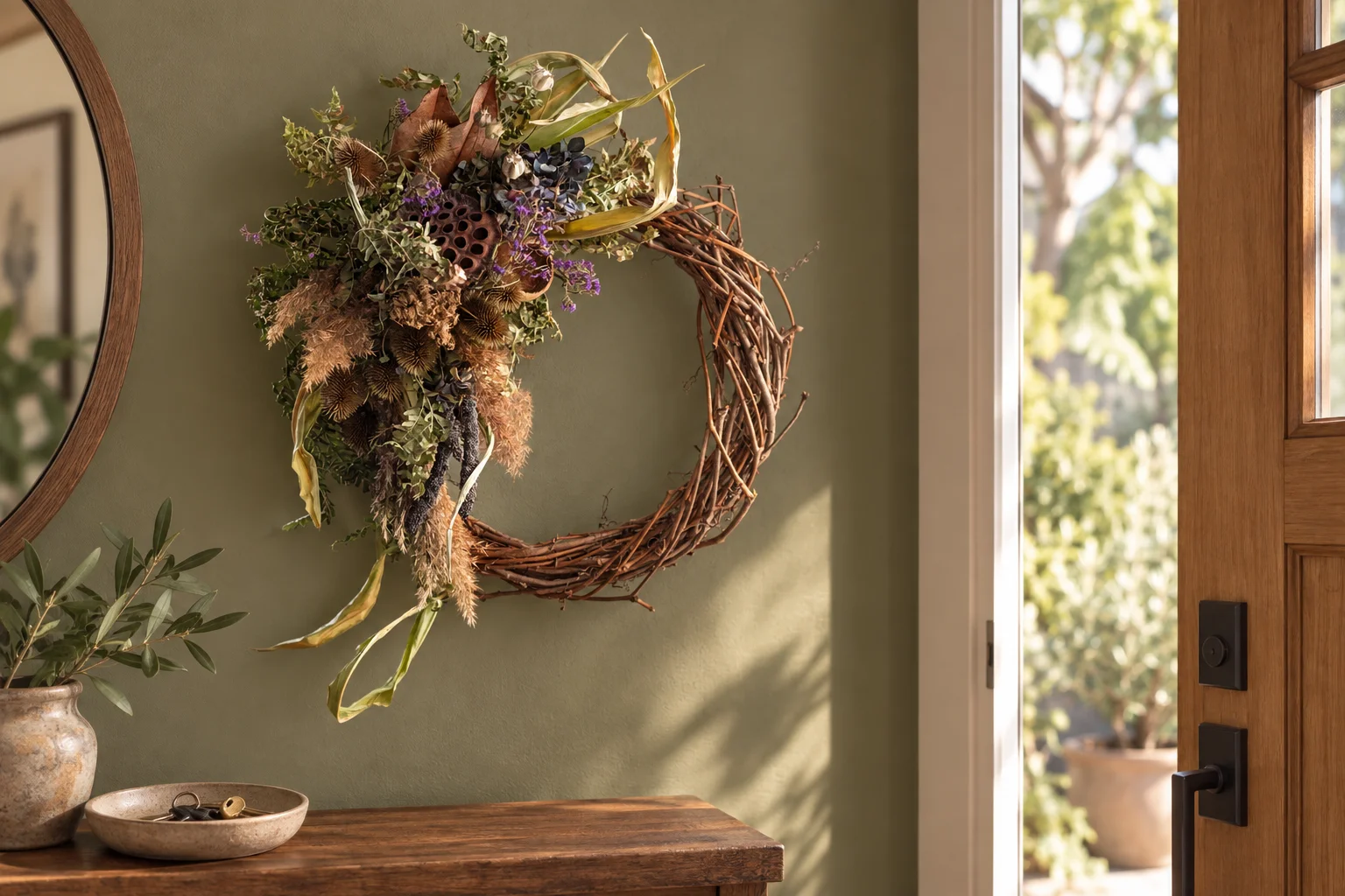 Asymmetric grapevine wreath with dried flowers on a wall