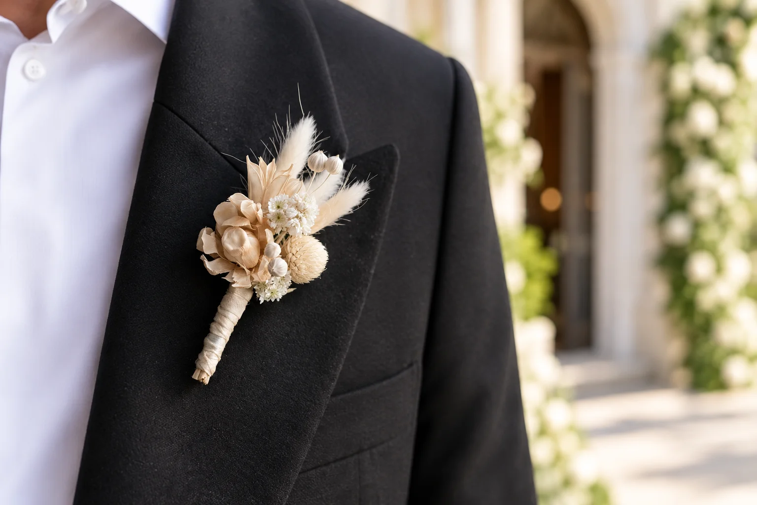 Small cream dried flower boutonniere with ribbon on a dark jacket