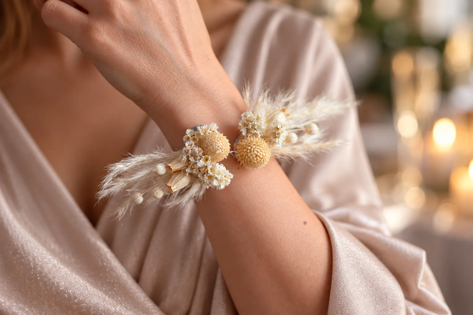 Cream dried flower bracelet worn on a wrist