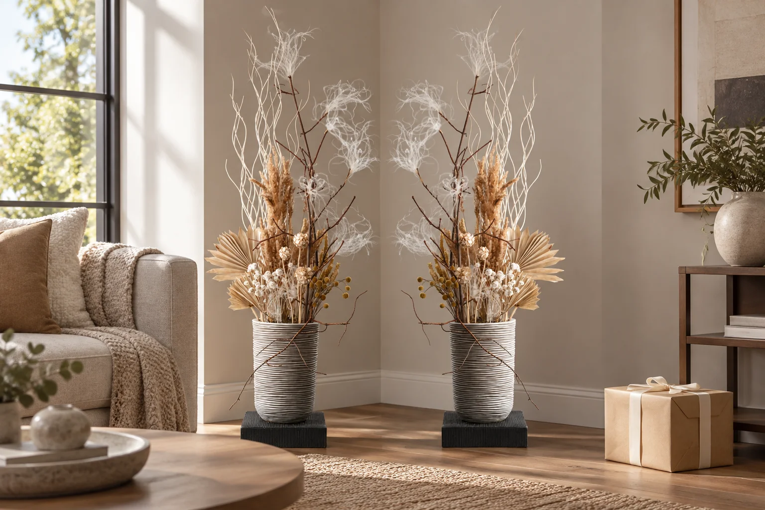 Two tall dried flower arrangements in ribbed grey vessels