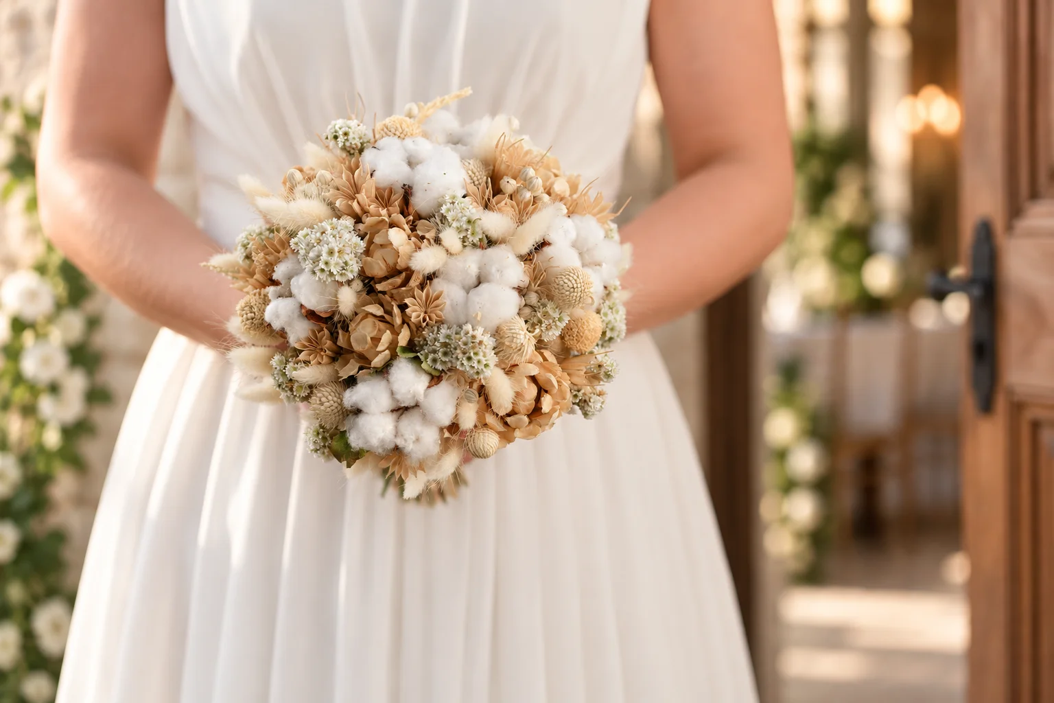 Cream and white dried flower bridal bouquet held against a light dress