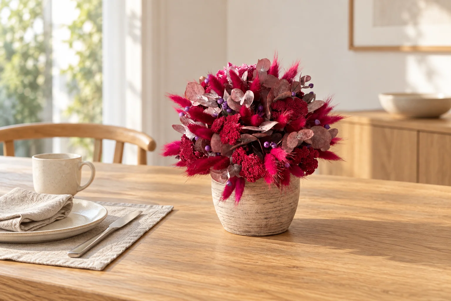 Round burgundy dried flower arrangement in a pale vessel on a table