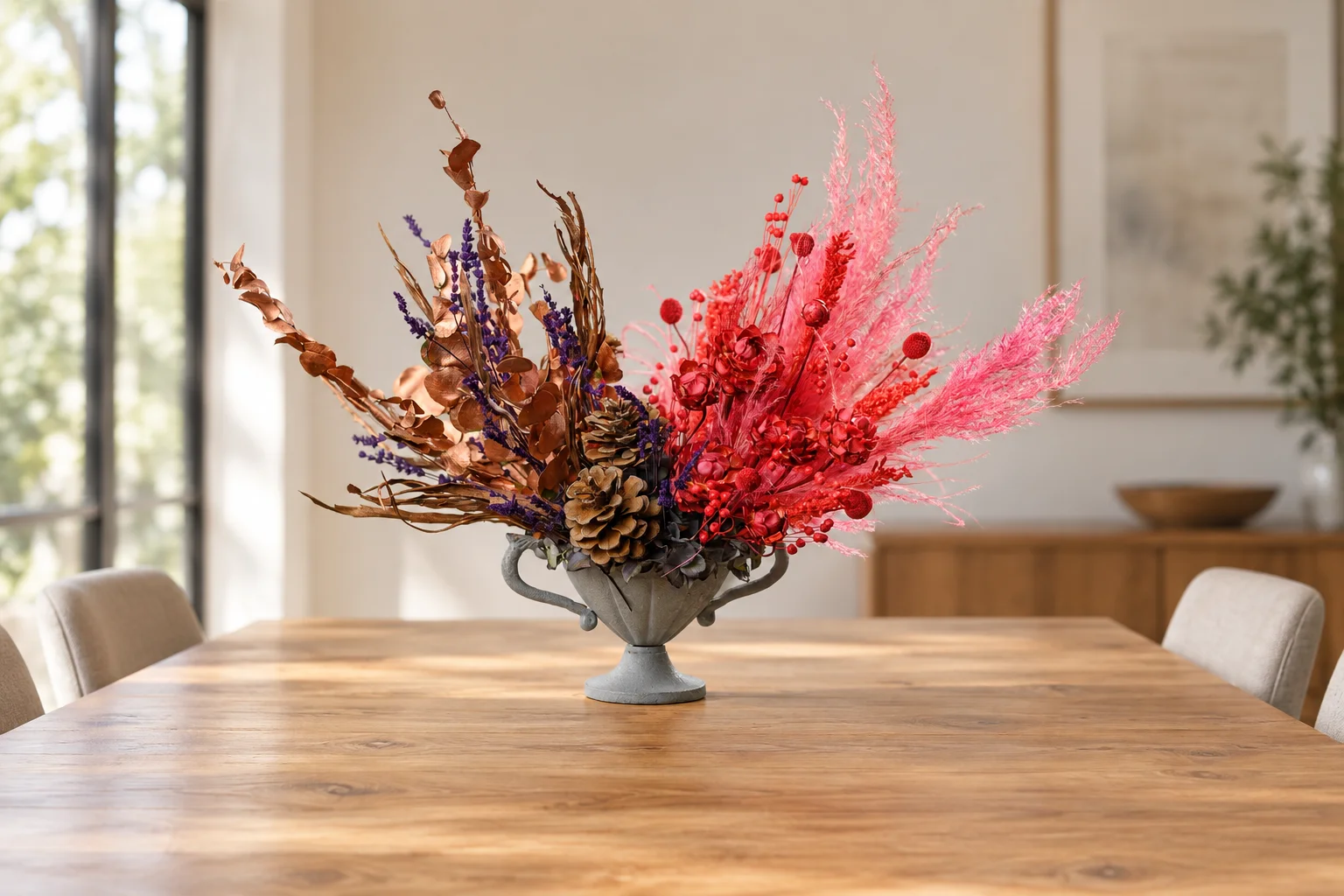 Spreading red and brown dried flower arrangement in a grey handled urn
