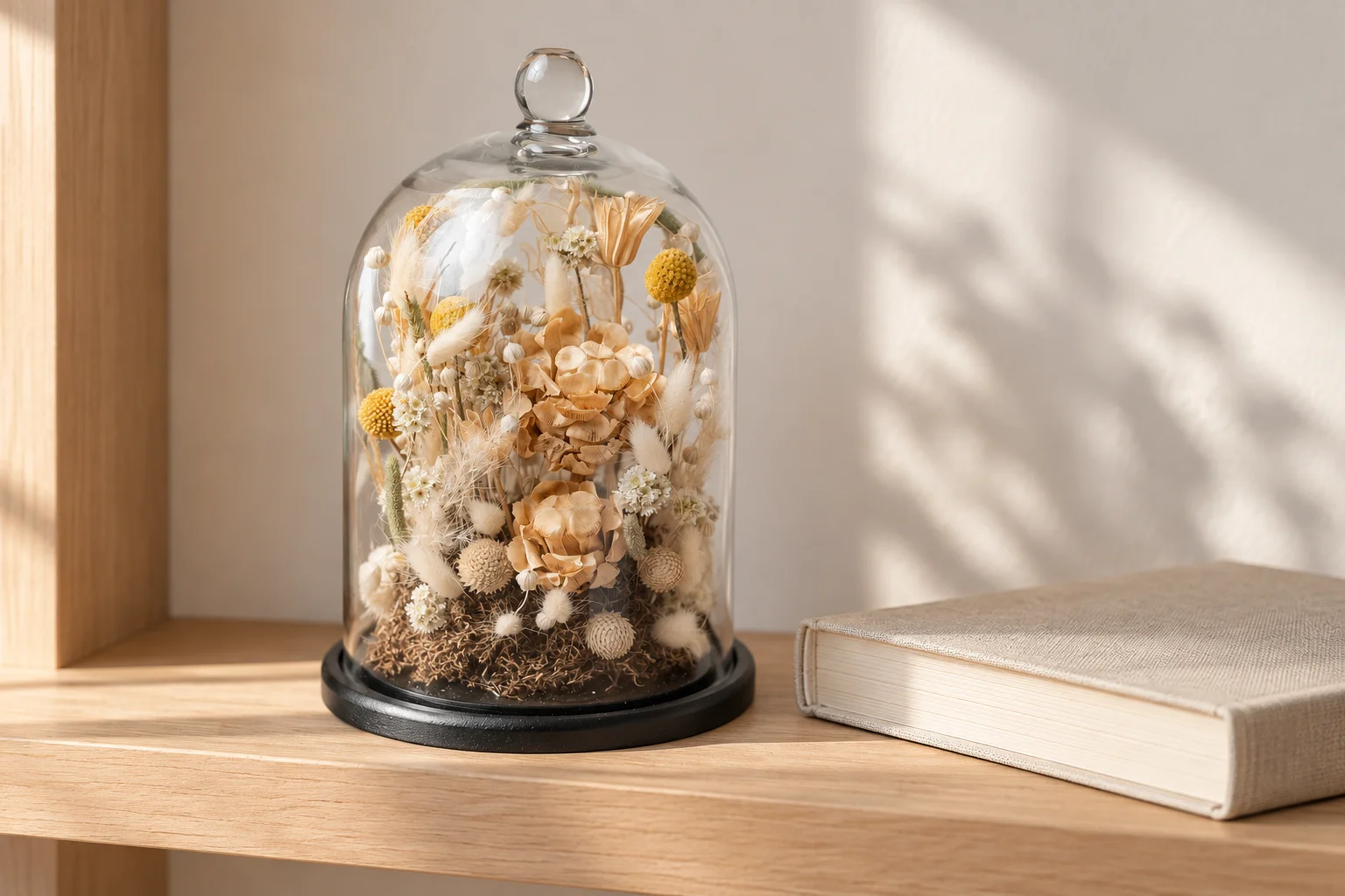 Glass cloche containing cream and yellow dried flowers on a black base