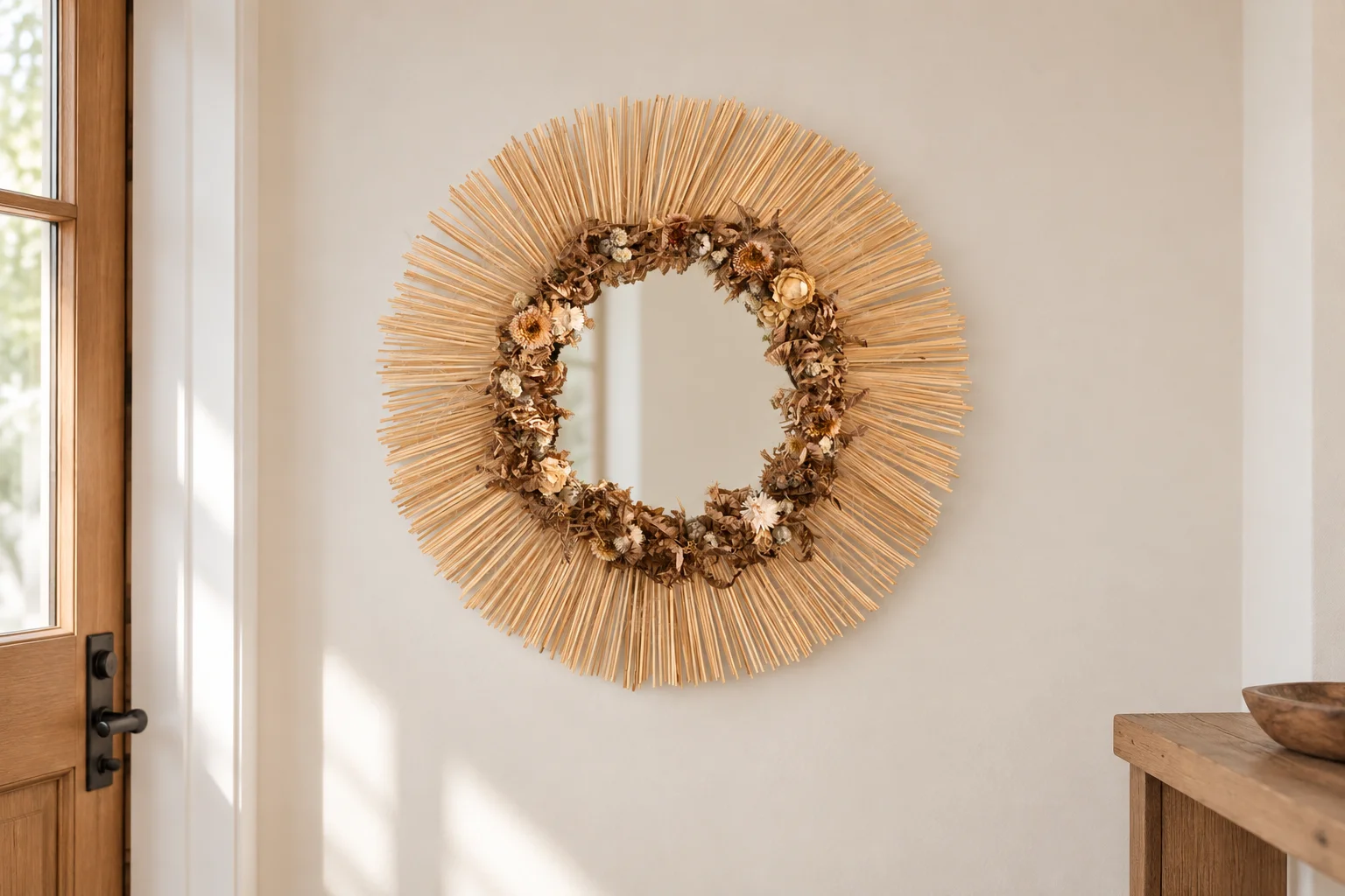 Round mirror with a dried flower border and radiating straw stems