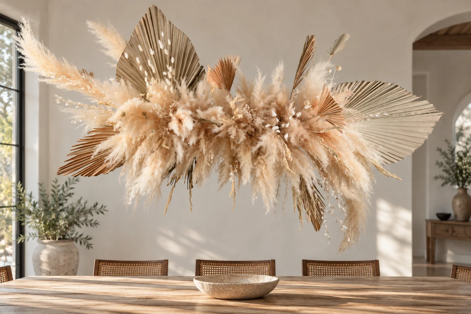 Cream dried flower installation with large palm fans above a table