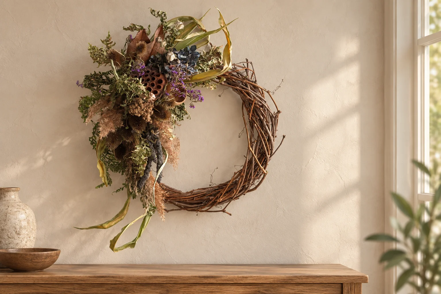 Asymmetric grapevine wreath with dried flowers on a wall