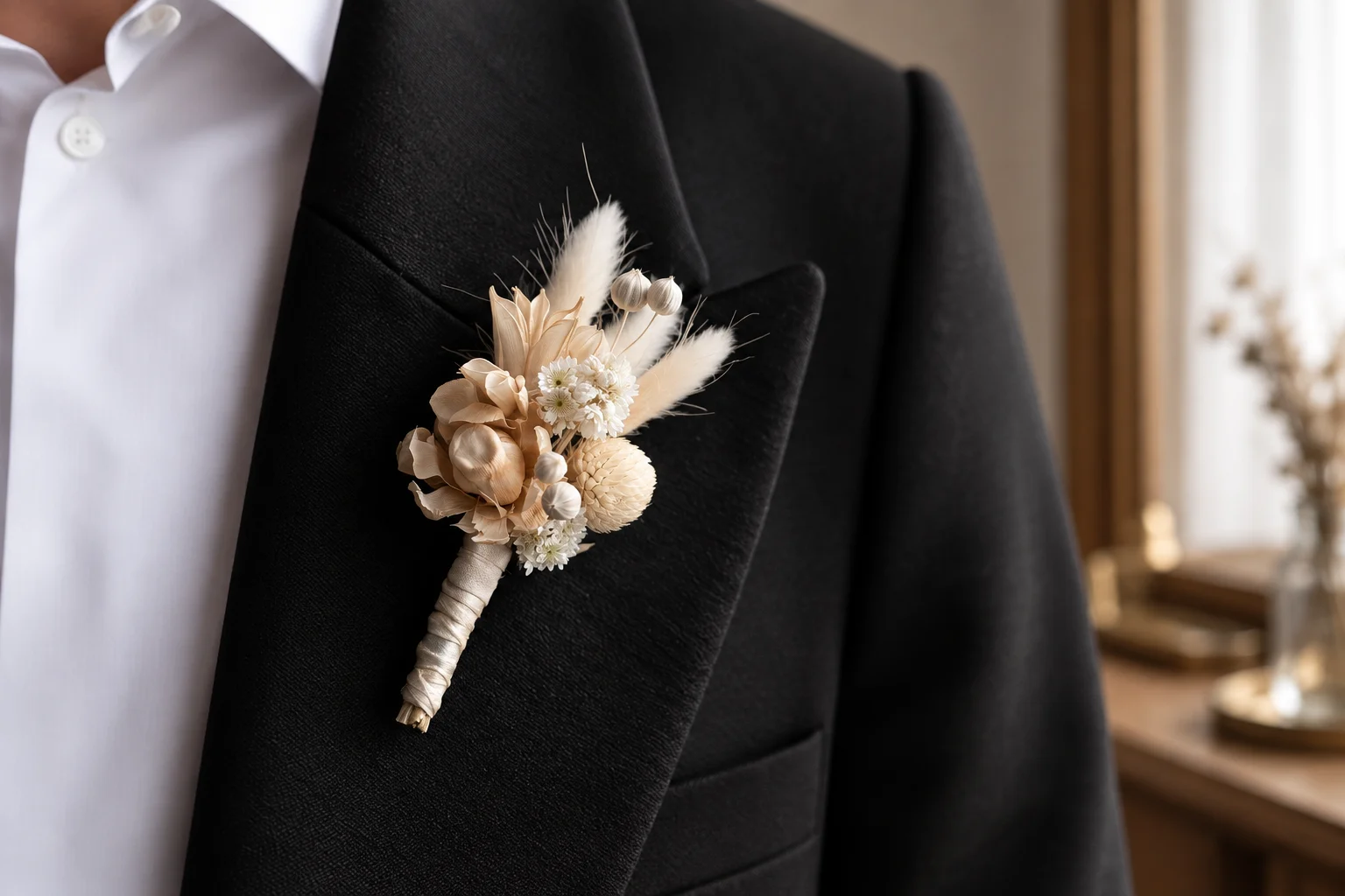 Small cream dried flower boutonniere with ribbon on a dark jacket
