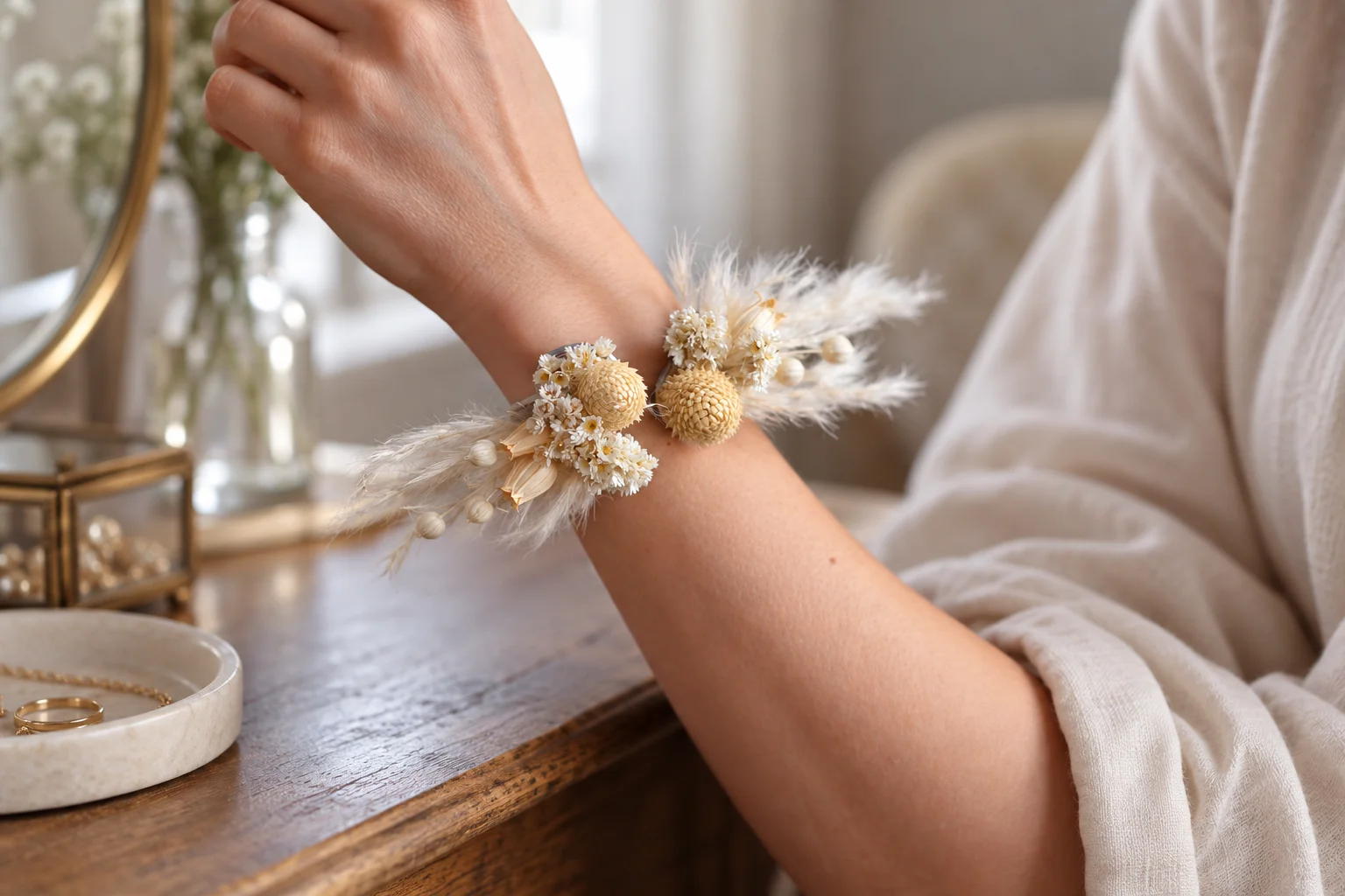 Cream dried flower bracelet worn on a wrist