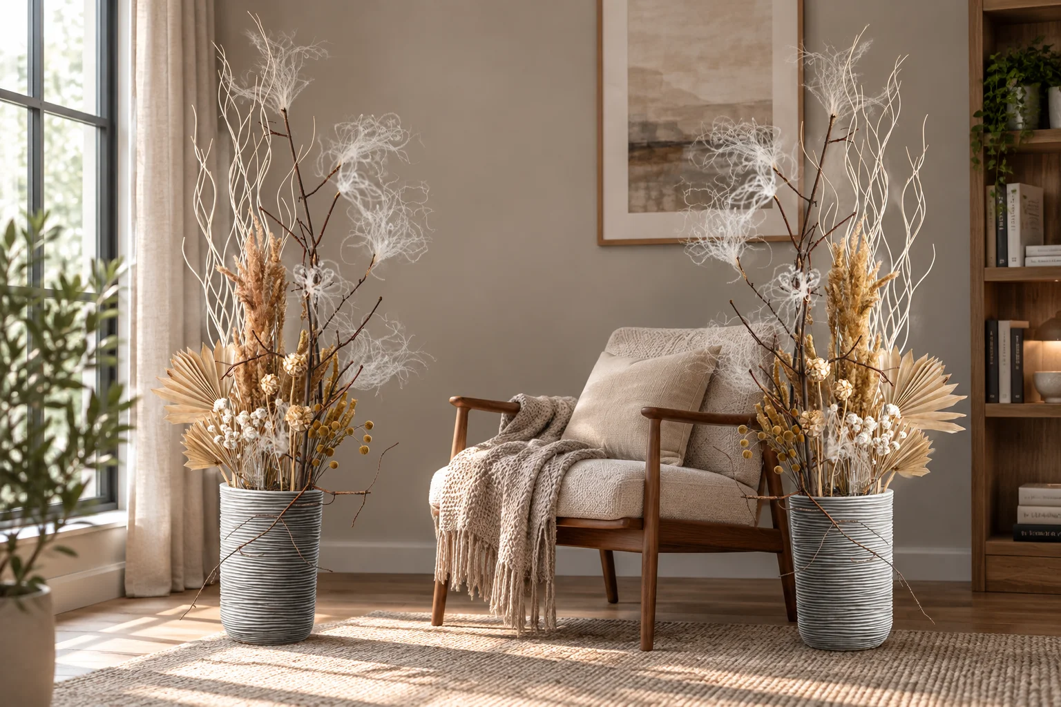 Two tall dried flower arrangements in ribbed grey vessels