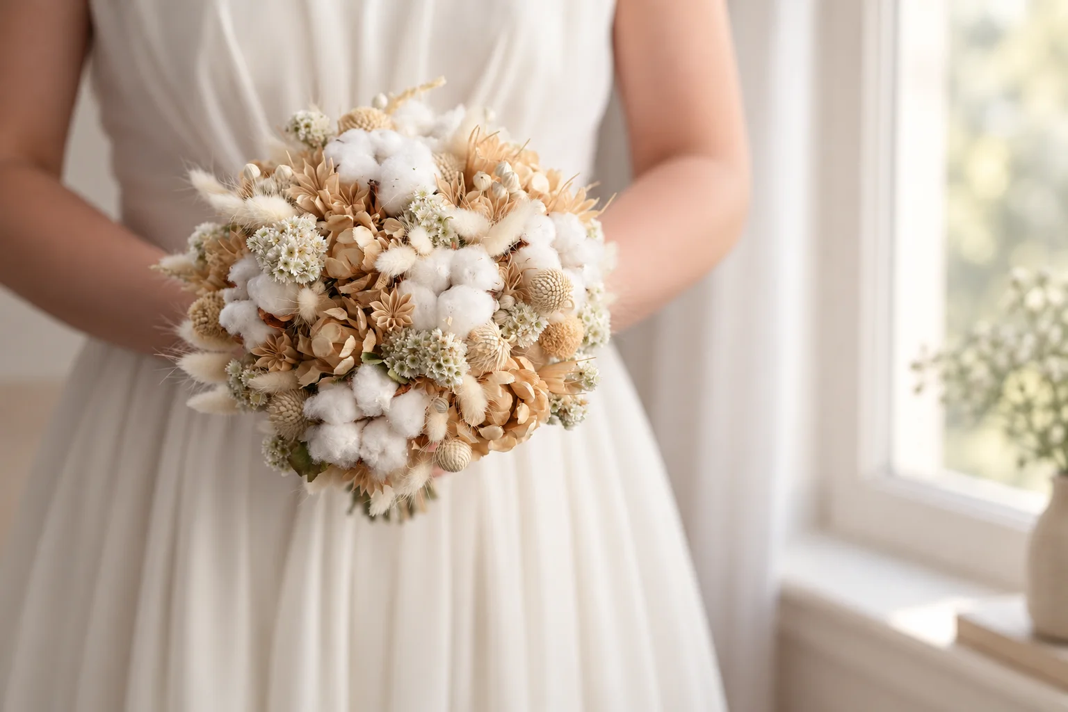 Cream and white dried flower bridal bouquet held against a light dress